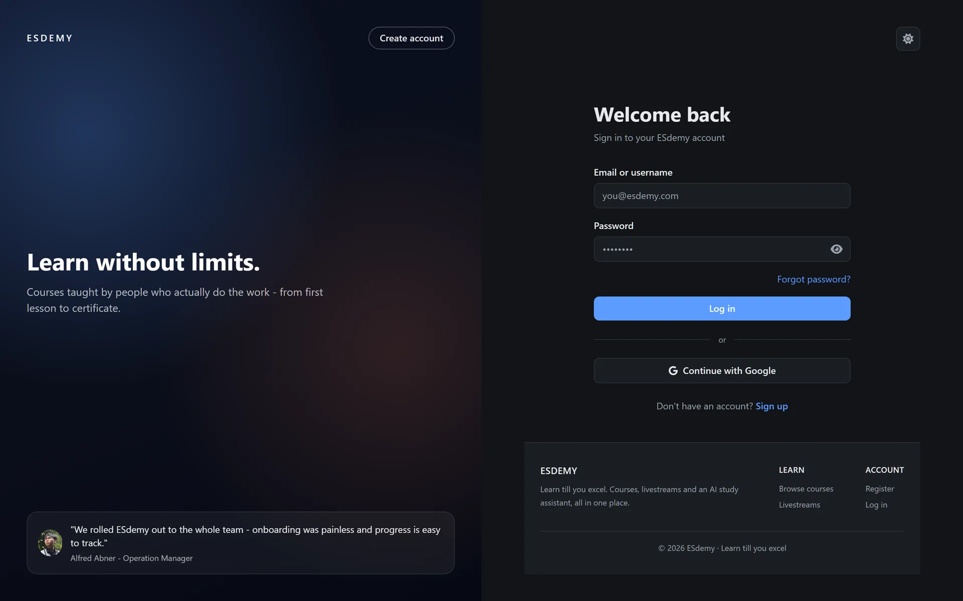 ESdemy sign-in form with email and password fields