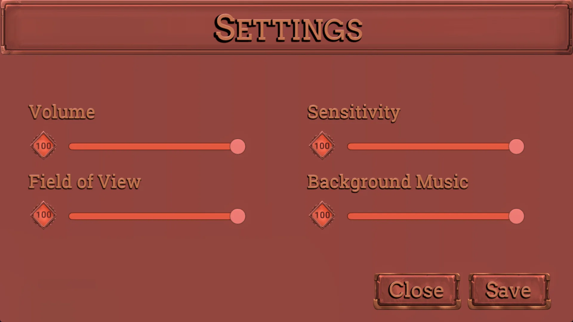 InVidious settings panel with sliders for volume, sensitivity, field of view and background music, each showing a numeric value