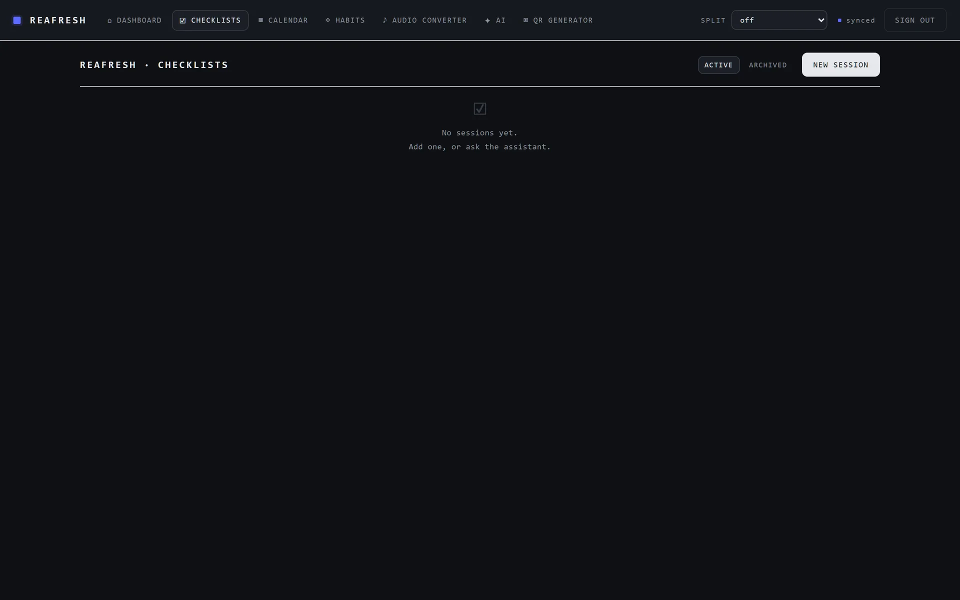 reAFresh checklists program with an empty state prompting the user to create a checklist