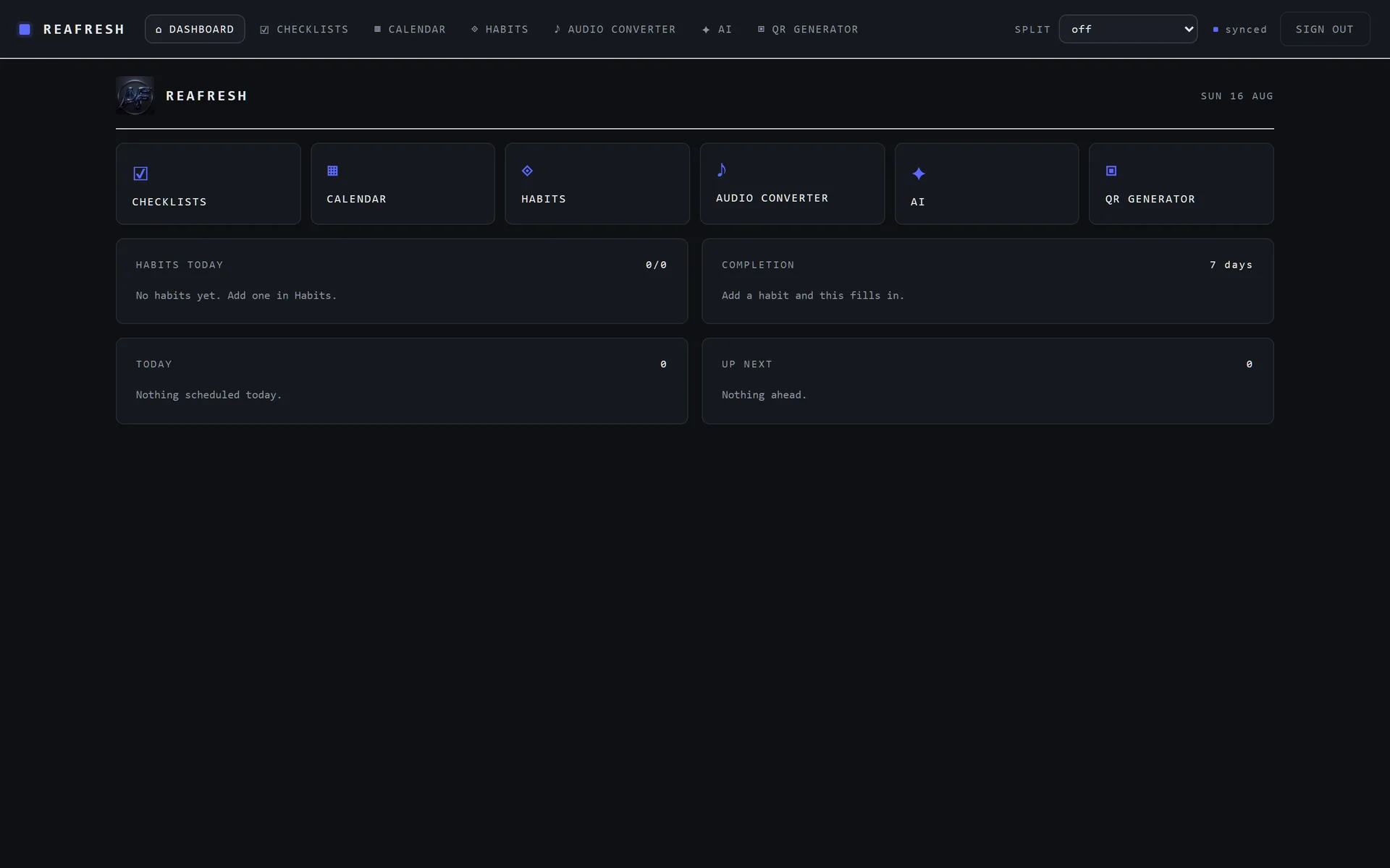 reAFresh dashboard in dark mode showing a program launcher row and summary cards for habits, completion, today, and up next