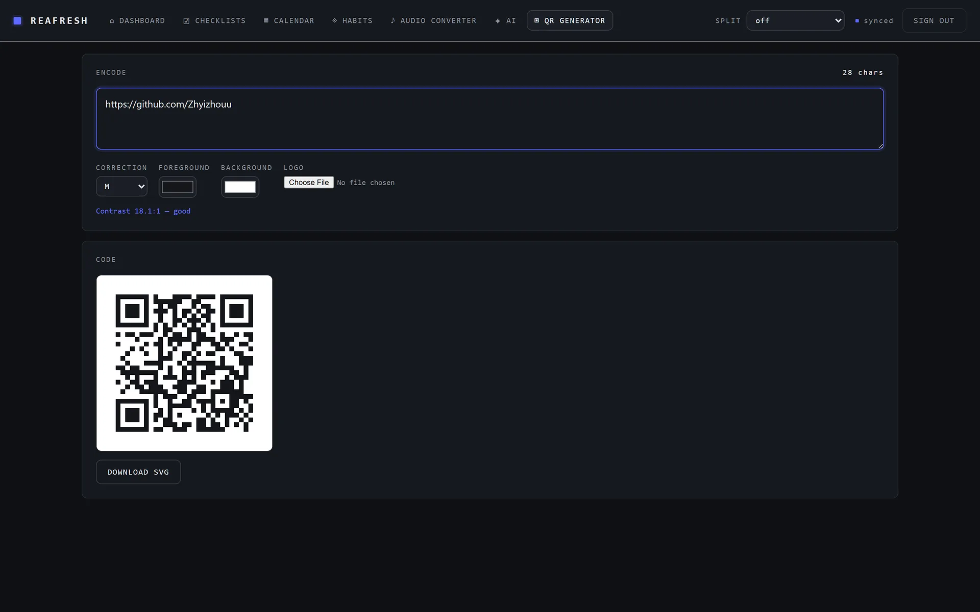 reAFresh QR generator with a URL entered and a generated QR code, showing a contrast ratio readout